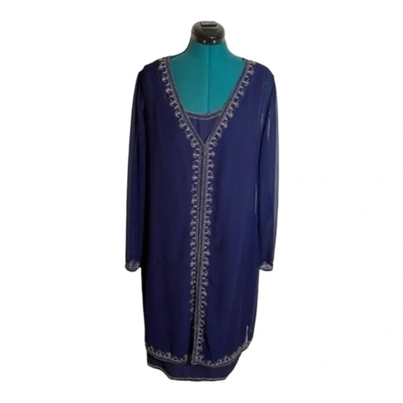 Scala Vintage Navy Sheer Silk 2 piece beaded Dress and Sheer Jacket 80’s - Picture 2 of 9